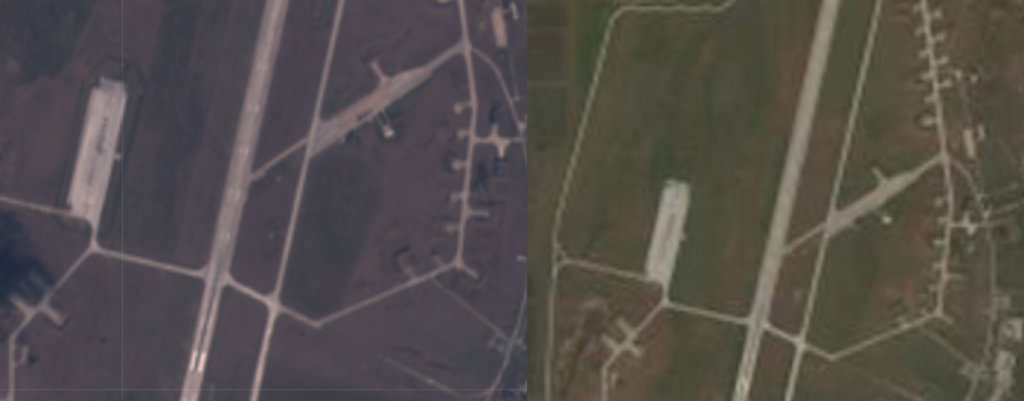 Satellite imagery of Gvardeiskyy airbase from Digital Globe (left) and Sentinel (right) on March 18, 2019 