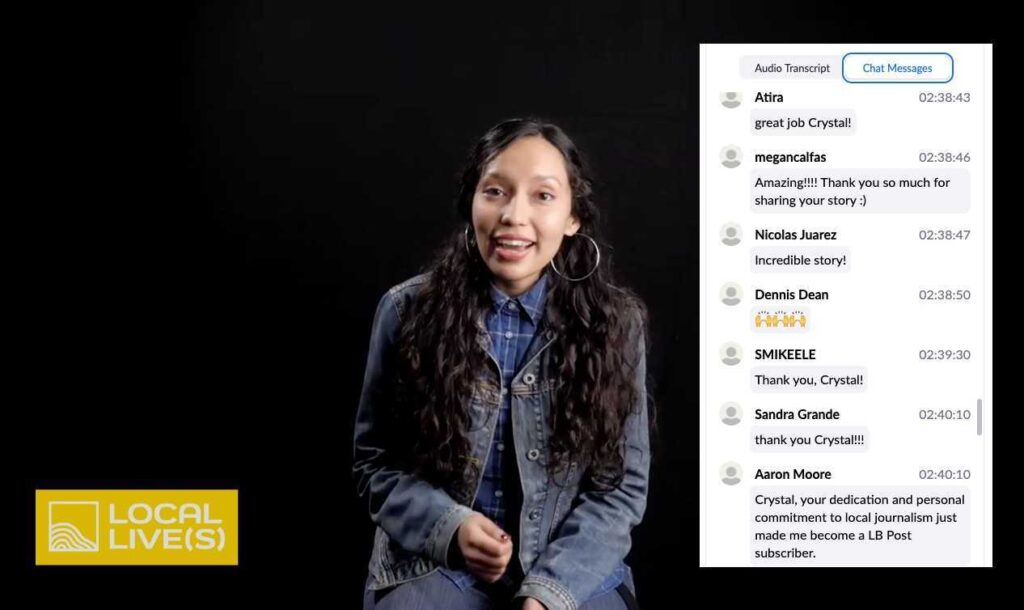 Reporter Crystal Niebla sharing the story behind her reporting from the Long Beach Post newsroom to Zoom participants for the Local Live(s) event on Nov. 12th. 